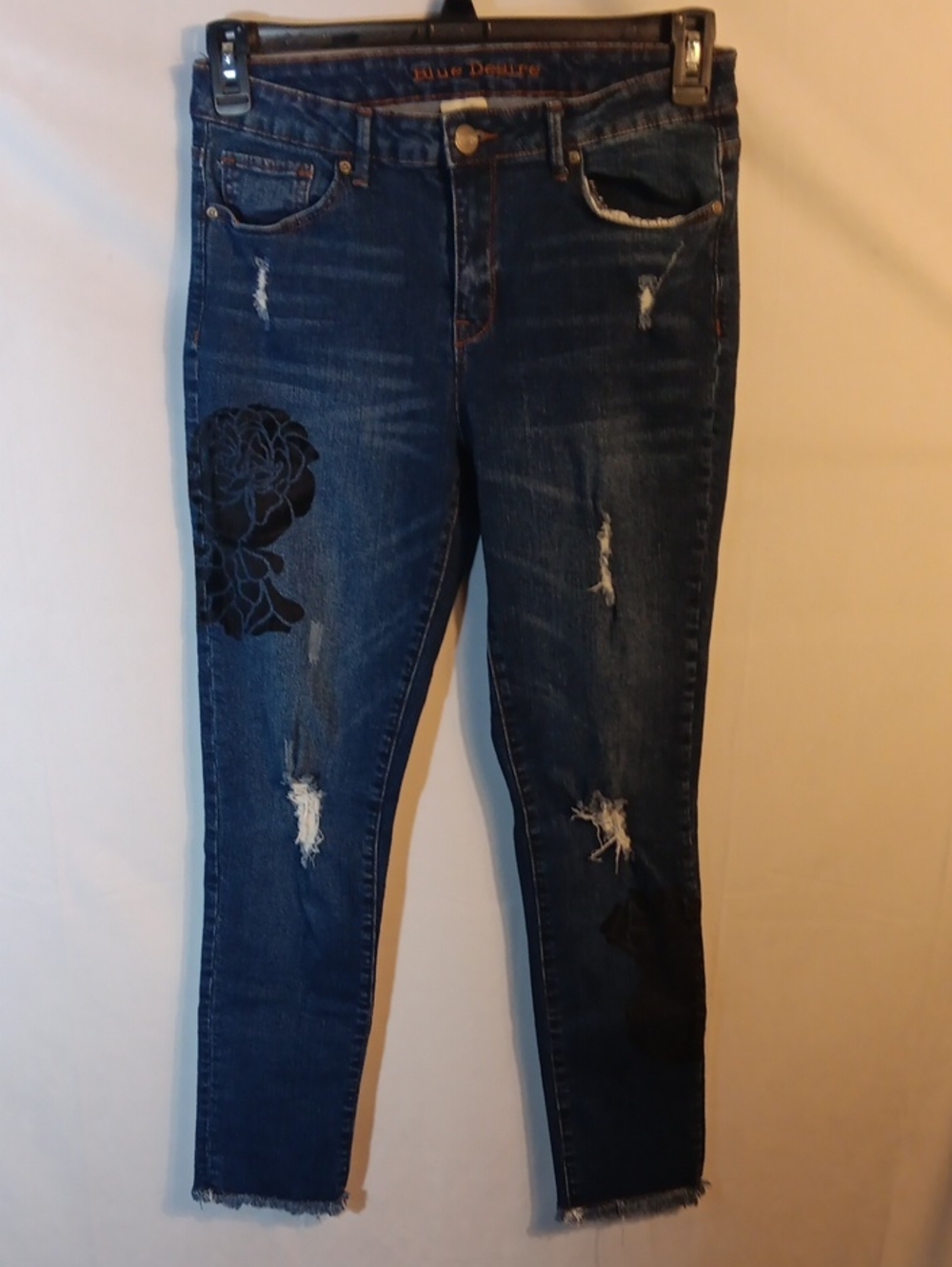 Blue Distressed Jeans with Black Florals
